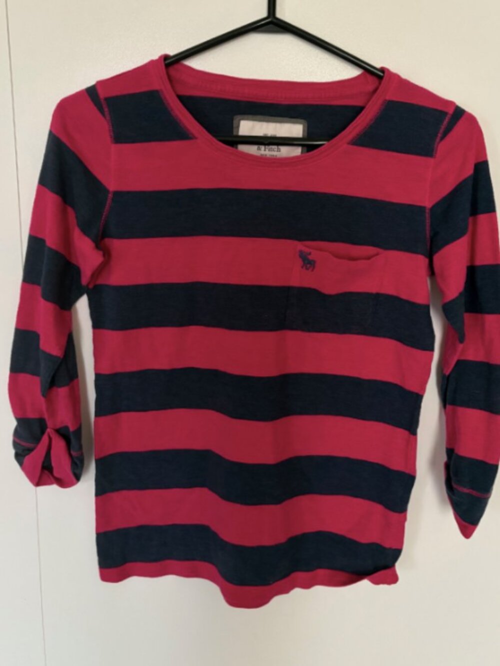 Dark Pink and Navy Blue ¾ -Sleeved Striped Top from Abercrombie with Breast Pock